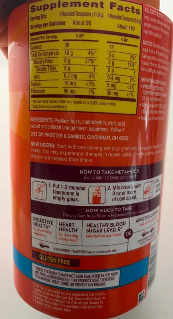 Metamucil 4-in-1 Fiber Sugar-Free Orange Psyllium Powder 1.04 kg, ingredients of pack