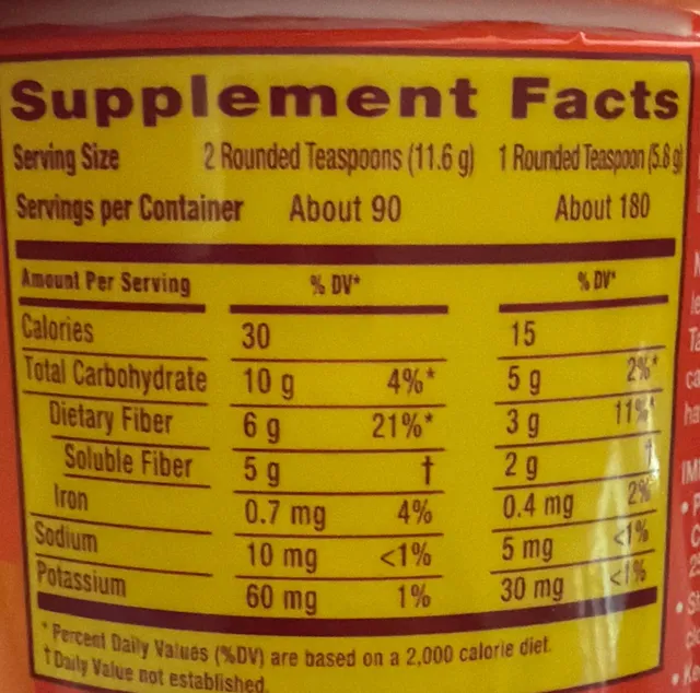 Metamucil 4-in-1 Fiber Sugar-Free Orange Psyllium Powder 1.04 kg, nutrition of pack