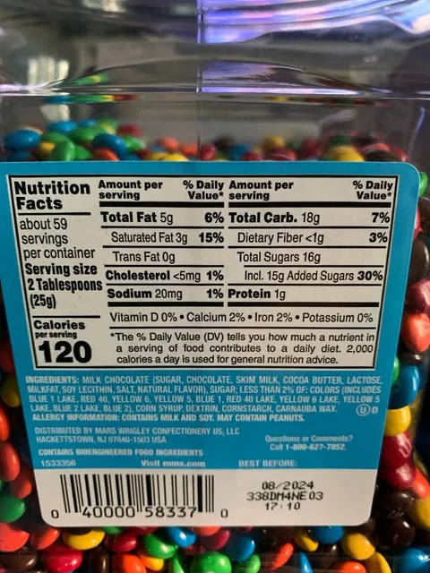 M&M's Minis Milk Chocolate Candies 52 oz, nutrition of pack