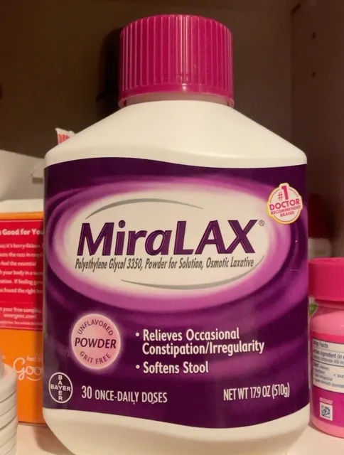 MiraLAX Polyethylene Glycol 3350 Powder for Solution 17.9 oz, front of pack