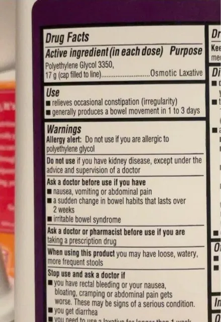MiraLAX Polyethylene Glycol 3350 Powder for Solution 17.9 oz, nutrition of pack
