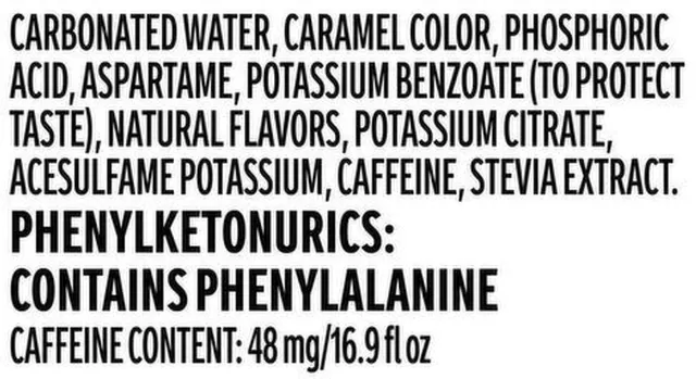 Coca-Cola Zero Sugar 6 x 16.9 fl oz, ingredients of pack