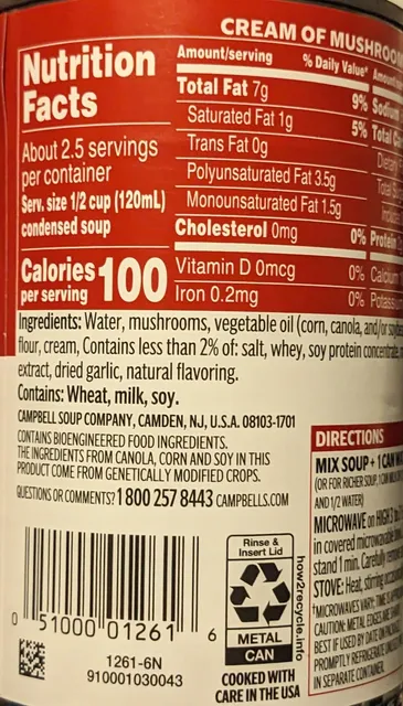 Campbell's Condensed Cream of Mushroom Soup 10.5 oz, back of pack