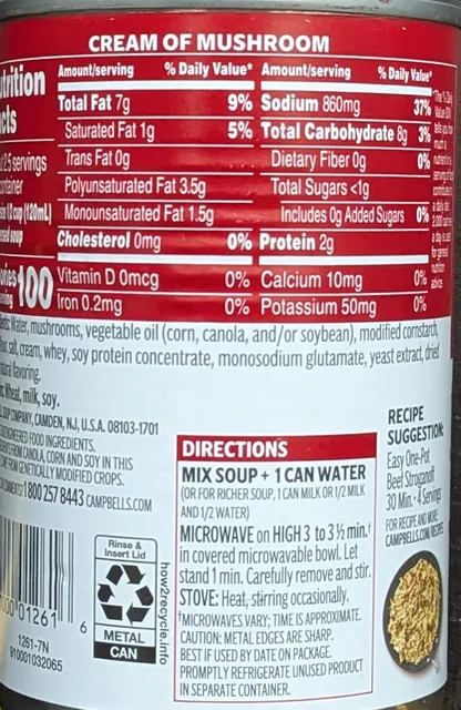 Campbell's Condensed Cream of Mushroom Soup 10.5 oz, ingredients of pack
