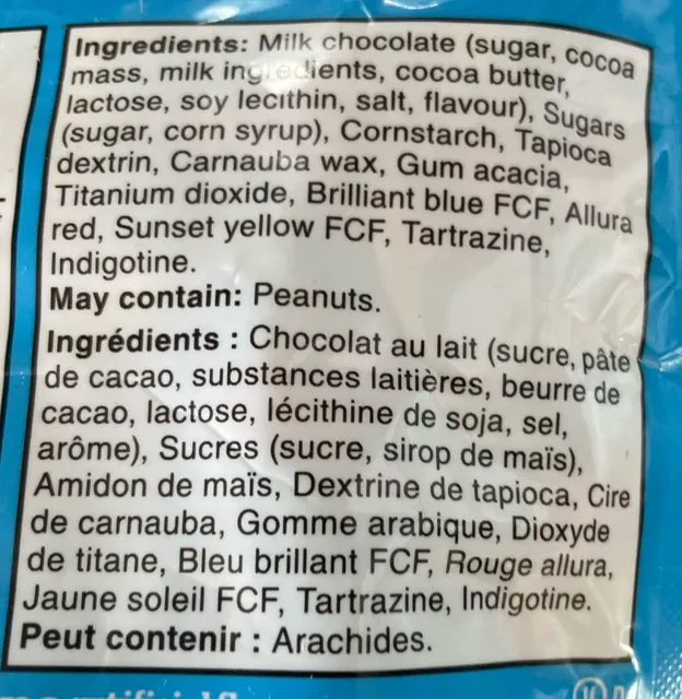 M&M's Minis Milk Chocolate Candies 165 g, ingredients of pack