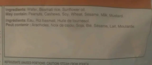 Ben's Original Bistro Express Basmati Rice 453 g, ingredients of pack