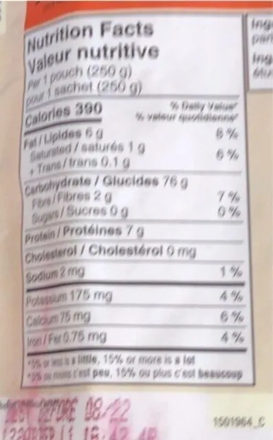 Ben's Original Bistro Express Converted Brand Rice 250 g, nutrition of pack