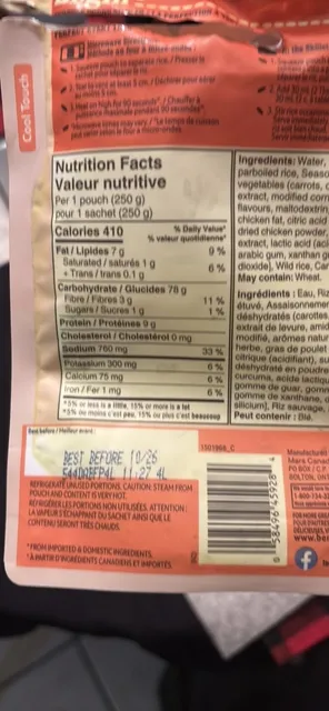Ben's Original Bistro Express Long Grain & Wild Rice Roasted Chicken Flavour 250 g, nutrition of pack
