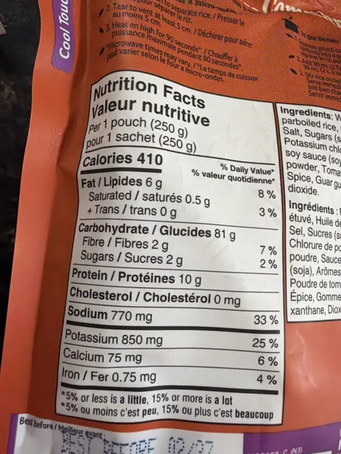 Ben's Original Bistro Express Fried Style Rice 250 g, nutrition of pack