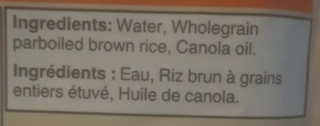 Ben's Original Bistro Express Whole Grain Brown Rice 250 g, ingredients of pack