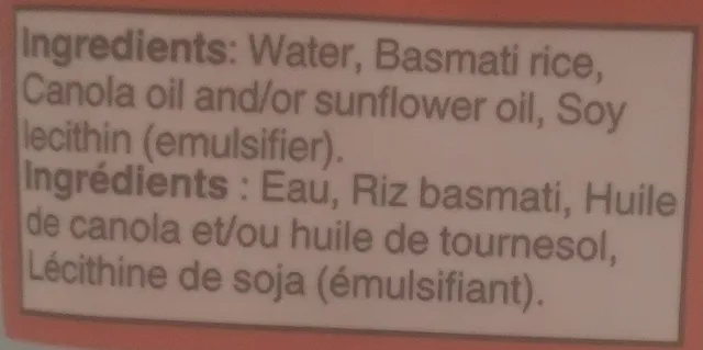 Ben's Original Bistro Express Basmati Rice 250 g, ingredients of pack
