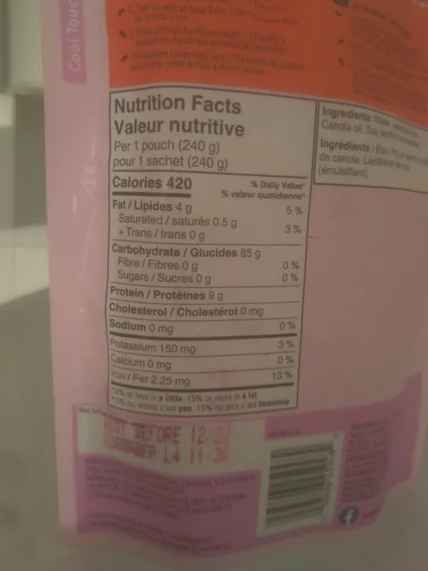 Ben's Original Bistro Express Jasmine Rice 240 g, nutrition of pack