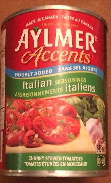 Aylmer Accents Italian Seasonings No Salt Added Chunky Stewed Tomatoes 540 mL, front of pack