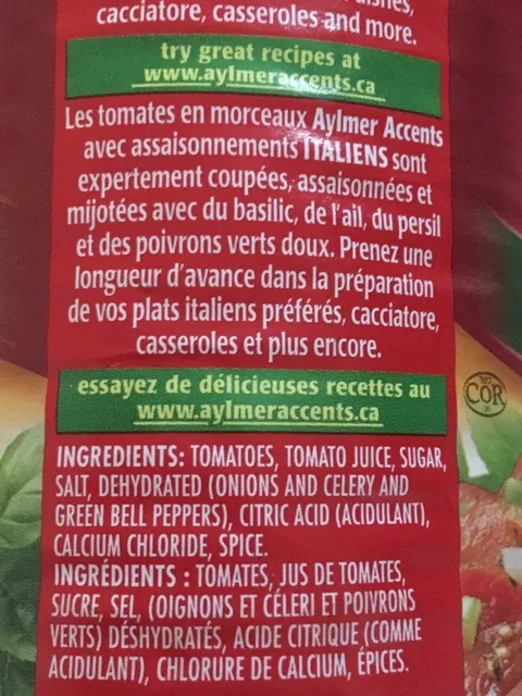 Aylmer Accents Italian Seasonings Chunky Stewed Tomatoes 540 mL, ingredients of pack