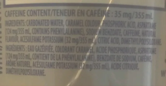 Diet Pepsi 1 L, ingredients of pack
