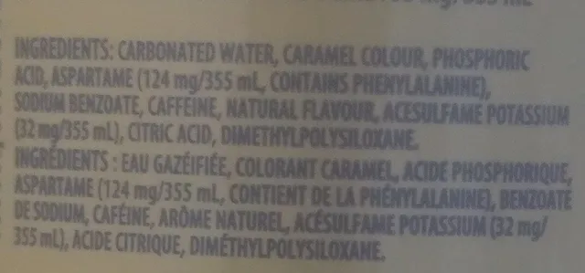 Diet Pepsi 2 L, ingredients of pack