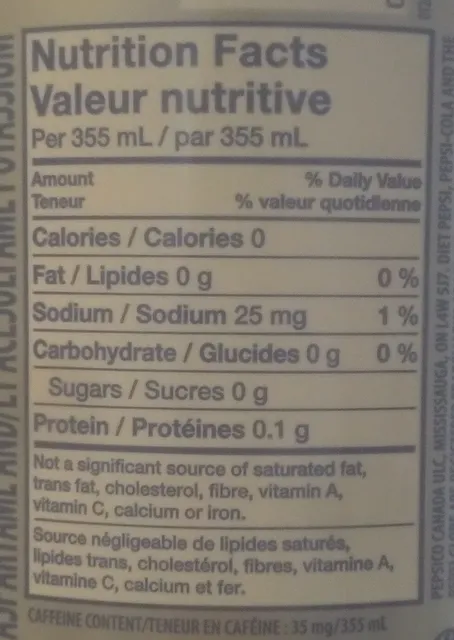 Diet Pepsi 2 L, nutrition of pack