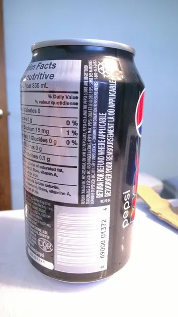 Pepsi Zero Sugar 355 mL, back of pack