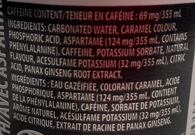 Pepsi Zero Sugar 355 mL, ingredients of pack