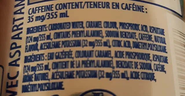 Diet Pepsi 355 mL, ingredients of pack