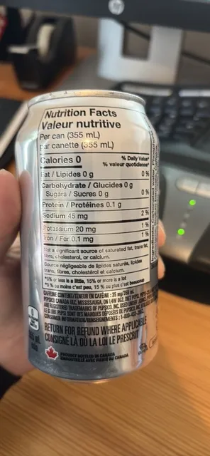 Diet Pepsi 355 mL, nutrition of pack