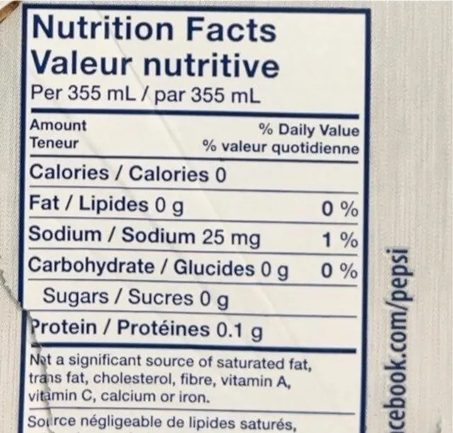 Diet Pepsi 24 × 355 mL, nutrition of pack