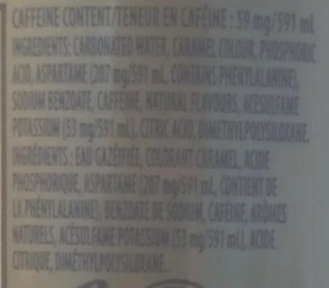 Diet Pepsi 591 mL, ingredients of pack