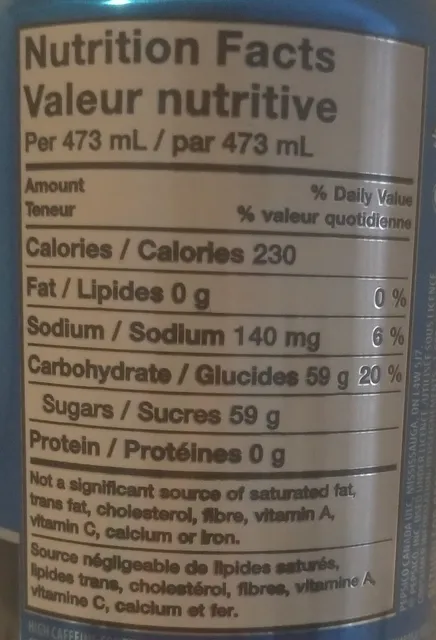 Amp Energy Mixed Berry 473 ml, nutrition of pack