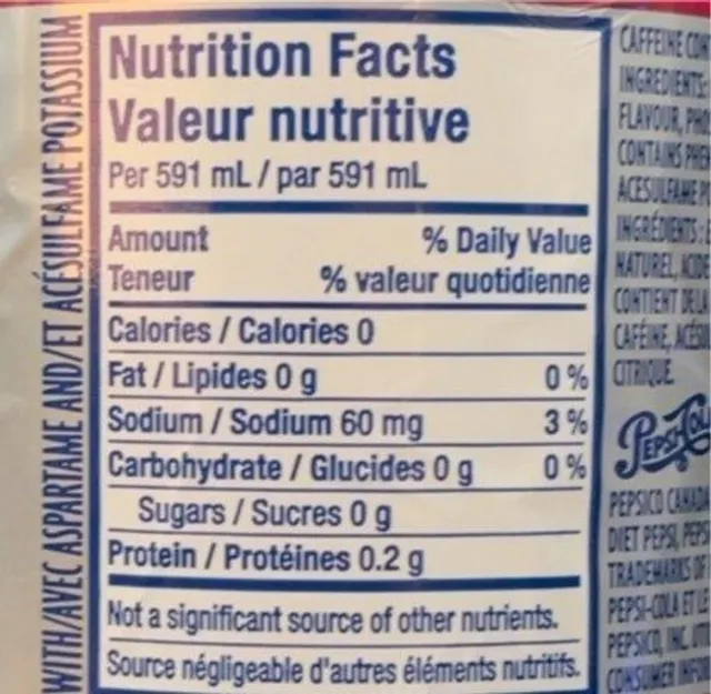 Diet Pepsi Wild Cherry 591 mL, nutrition of pack
