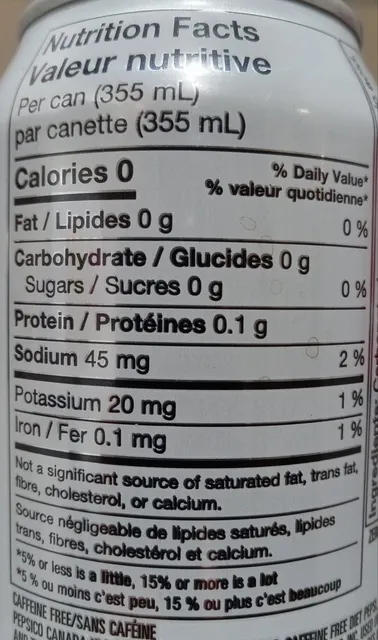 Caffeine Free Diet Pepsi 355 mL, nutrition of pack