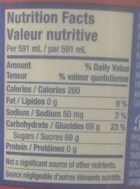 Pepsi Wild Cherry 591 mL, nutrition of pack