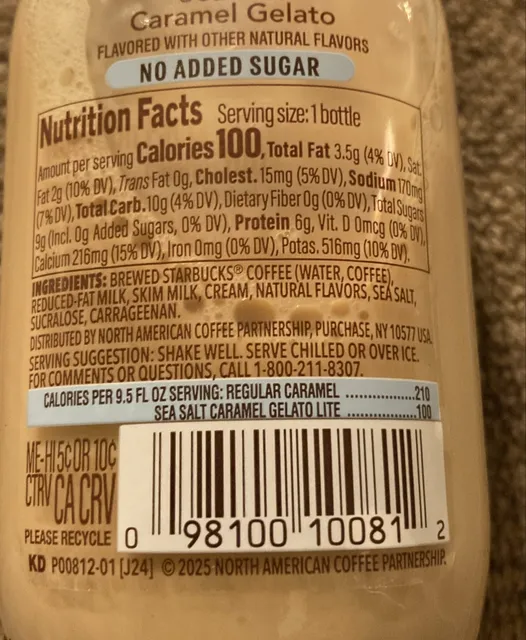 Starbucks Frappuccino Lite Sea Salt Caramel Gelato Chilled Coffee Drink 9.5 fl oz, ingredients of pack