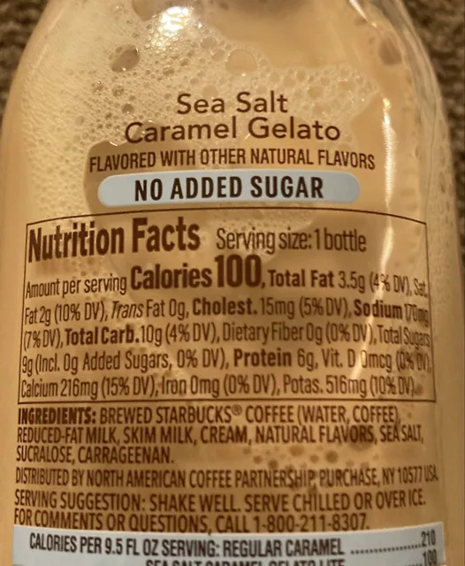 Starbucks Frappuccino Lite Sea Salt Caramel Gelato Chilled Coffee Drink 9.5 fl oz, nutrition of pack