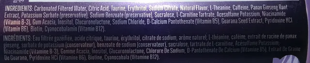 Alani Nu Energy Cosmic Stardust 355 ml, ingredients of pack
