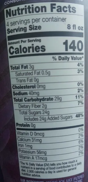 Sambazon Açaí Superfruit Juice Original 32 fl oz, nutrition of pack