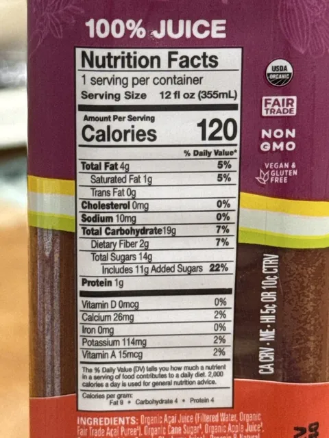 Sambazon Açaí Blueberry Energy Superfruit Juice Blend 12 fl oz, nutrition of pack