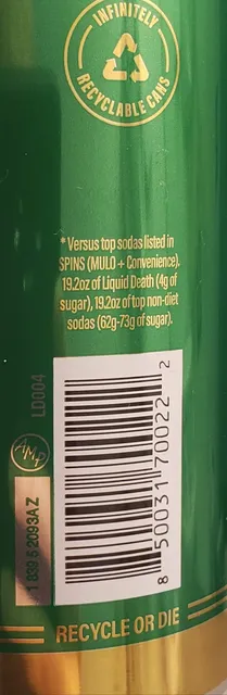 Liquid Death Severed Lime Sparkling Water 568 ml, back of pack