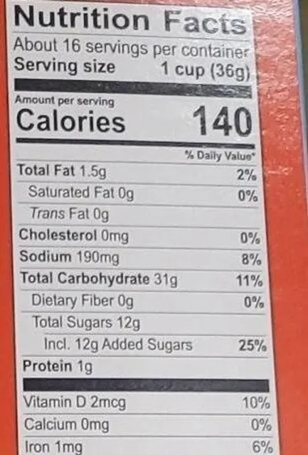 Post Fruity Pebbles 20.5 oz, nutrition of pack