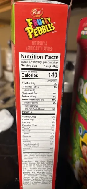 Fruity Pebbles 15 oz, nutrition of pack