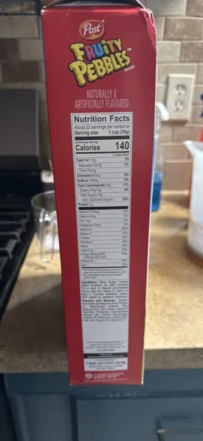 Post Fruity Pebbles 27.5 oz, nutrition of pack