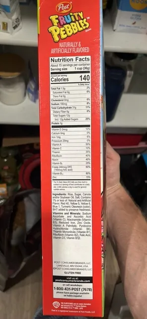 Post Fruity Pebbles 19.5 oz, nutrition of pack