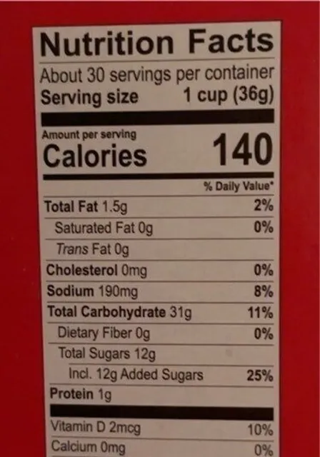 Post Fruity Pebbles 38 oz, nutrition of pack