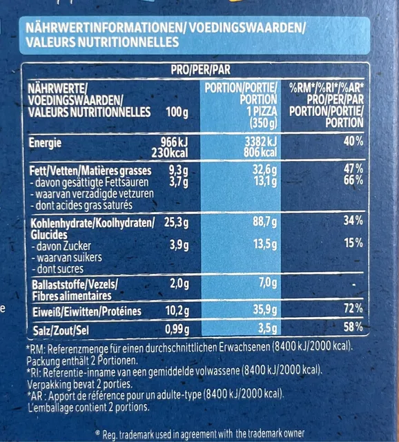 Original Wagner Steinofen Pizza Mozzarella 2 × 350 g, nutrition of pack