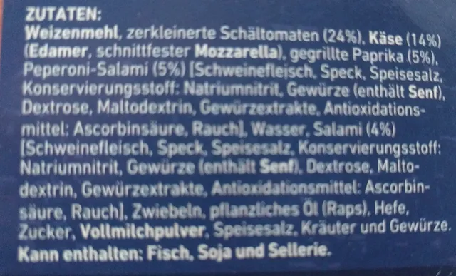 Original Wagner Steinofen Pizza Salami Paprika 340 g, ingredients of pack