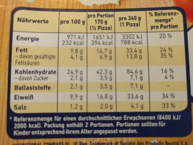 Original Wagner Steinofen Pizza Salami Paprika 340 g, nutrition of pack
