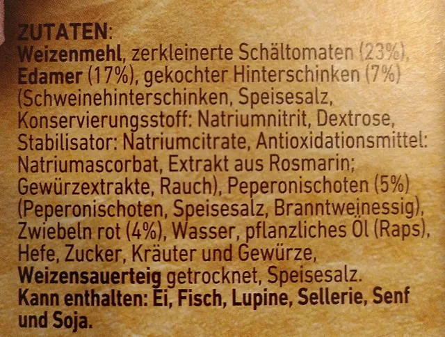 Original Wagner Steinofen Pizza Schinken Diavolo 340 g, ingredients of pack