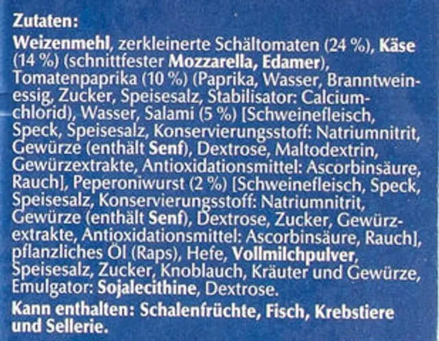 Original Wagner Steinofen Pizza Fantastica 350 g, ingredients of pack