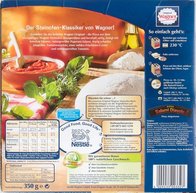 Original Wagner Steinofen Pizza Salami Diavolo 350 g, ingredients of pack