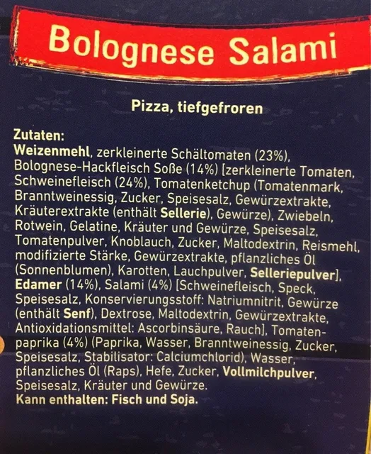 Original Wagner Steinofen Pizza Bolognese Salami 350 g, ingredients of pack