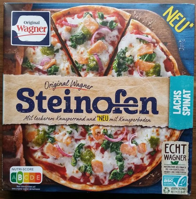 Original Wagner Steinofen Pizza Lachs Spinat 350 g, front of pack